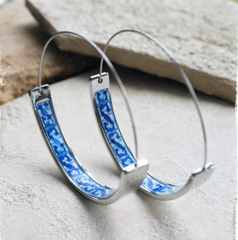 Hoops Tile Earrings ATRIO Flat Bottom Portugal Stainless Steel Antique Azulejo 1.75" The Palace of the Marquesses of Fronteira USA Shipping