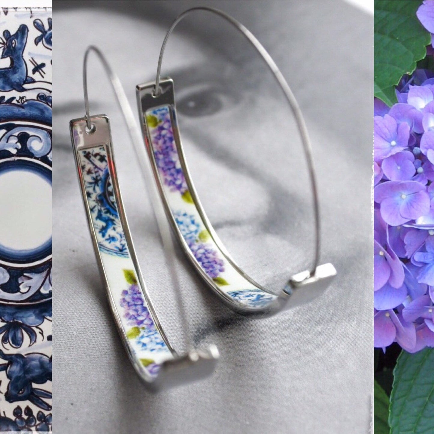 Earrings ATRIO Hoops Hydrangea Portugal Stainless Steel Coimbra Pottery Ceramic Deer 17th Century Azores Acores Hortensia USA Shipping 1.75"