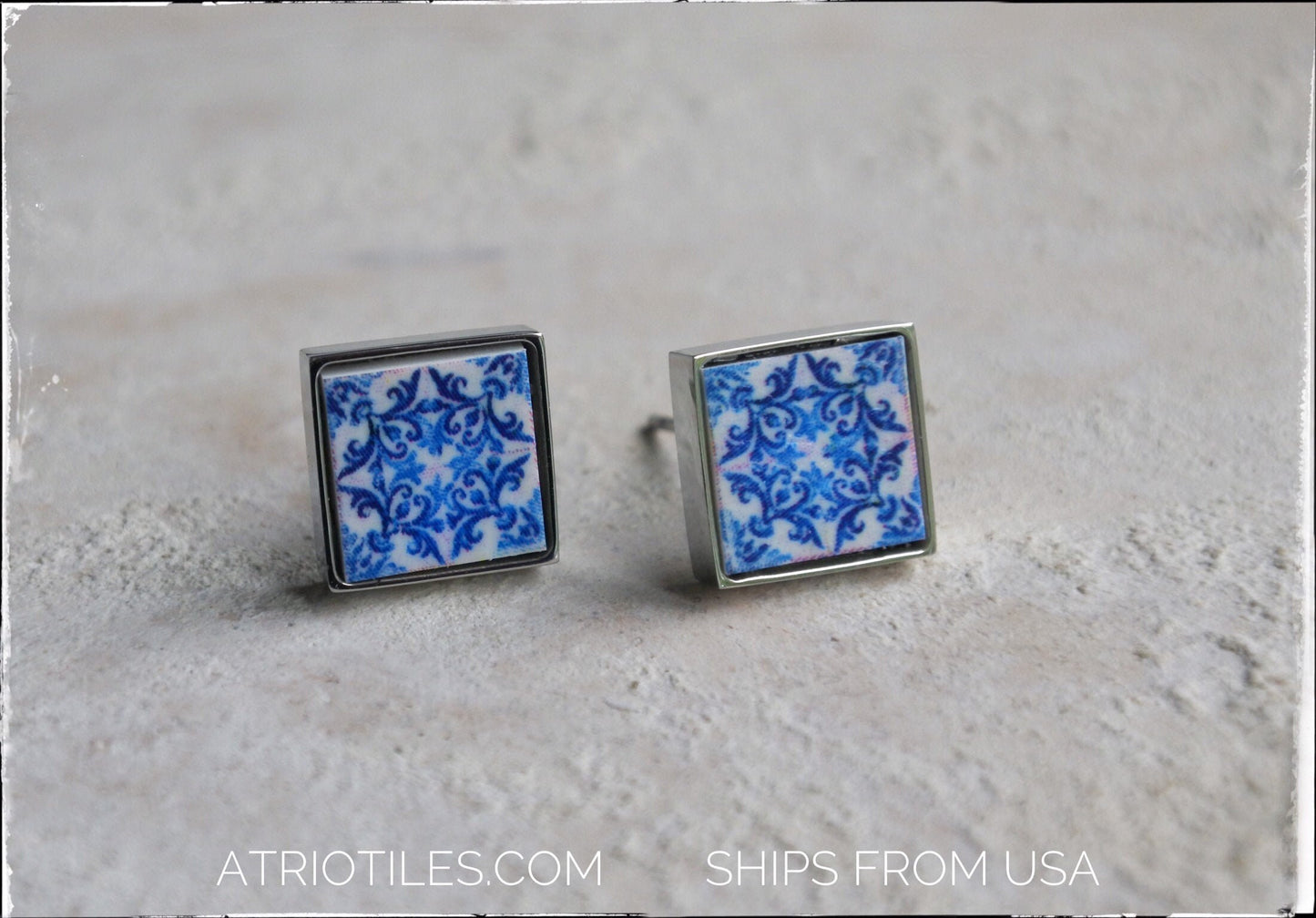 Stud Earrings Tile Atrio Portugal Antique Azulejo Tile Blue  - Church of Mercy PoRTO SOLID Stainless Steel Post Ships from USA 585 Small