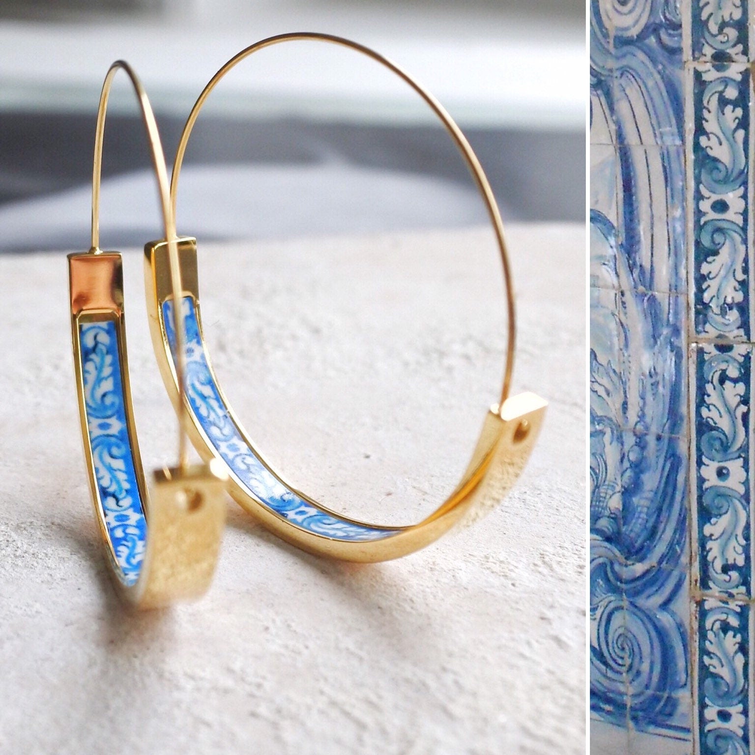 Portuguese Gold Hoop Earrings, Statement Hoops, Tribal Ethnic Earrings, Portugal Tiles Hoops, shops Oversized Hoop Earrings, Boho Blue tile hoop