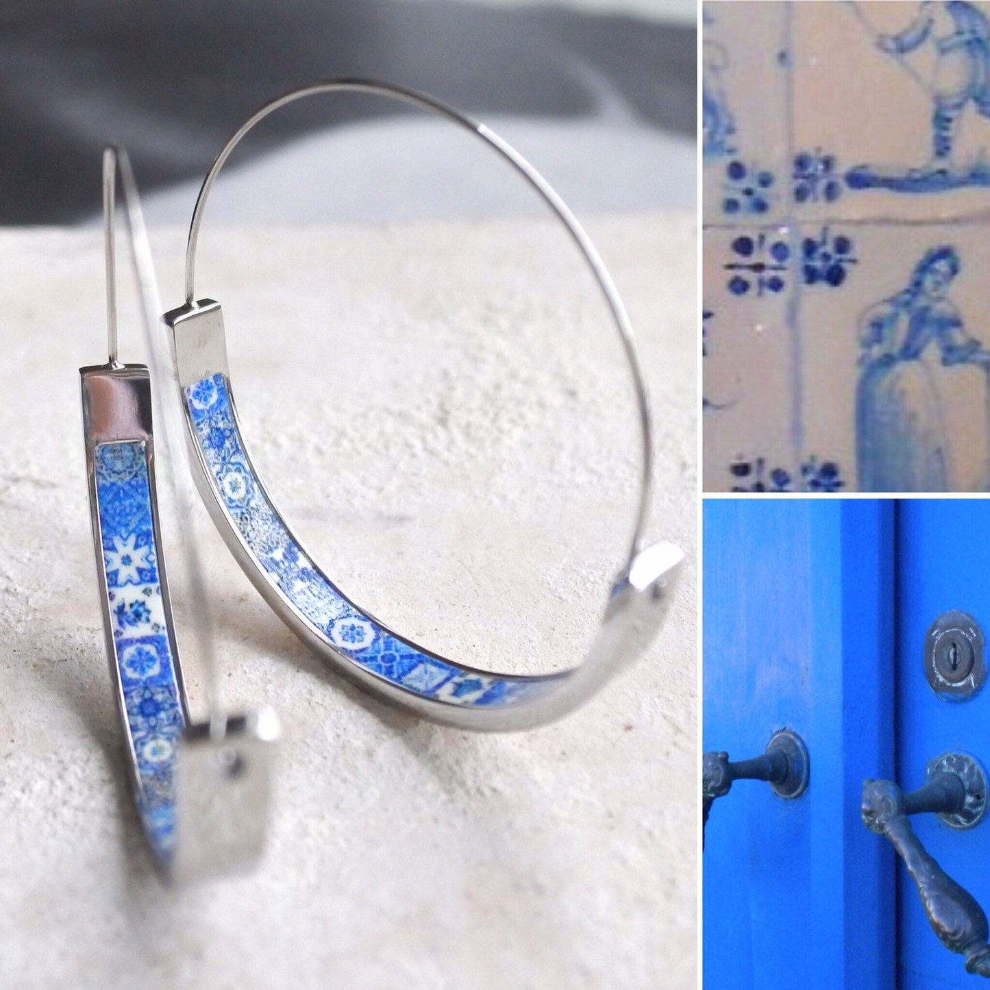 Hoops Earrings Hoop Atrio Tile Blue Azulejo Portugal  STAINLESS STEEL Pinterest  Delicate 1.50" Ships from USA