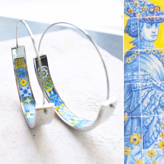 Hoops Tile Atrio Earrings Flat bottom Portugal Stainless Steel Antique Azulejo -  1.50"  Blue Gold 16 - 17th Century Tiles USA Shipping