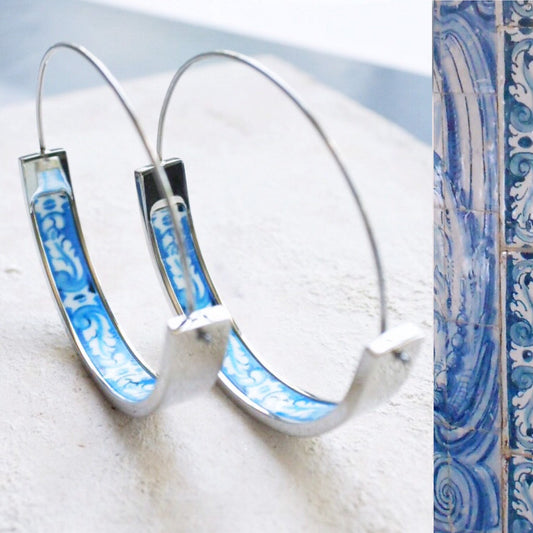 Hoop Earrings Atrio Flat Bottom Tile Blue Stainless Steel Portugal Antique Azulejo University of Evora  Hidden Treasure 1.50"  USA Shipping