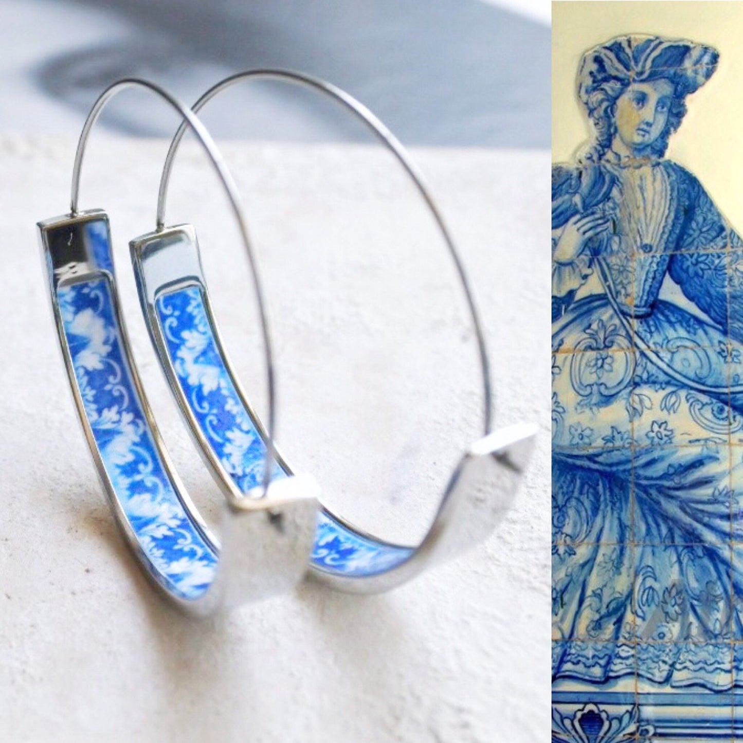 Earrings ATRIO Hoops Tile Portugal Stainless Steel Antique Azulejo -  1.50"  The Palace of the Marquesses of Fronteira  USA Shipping SSH07S