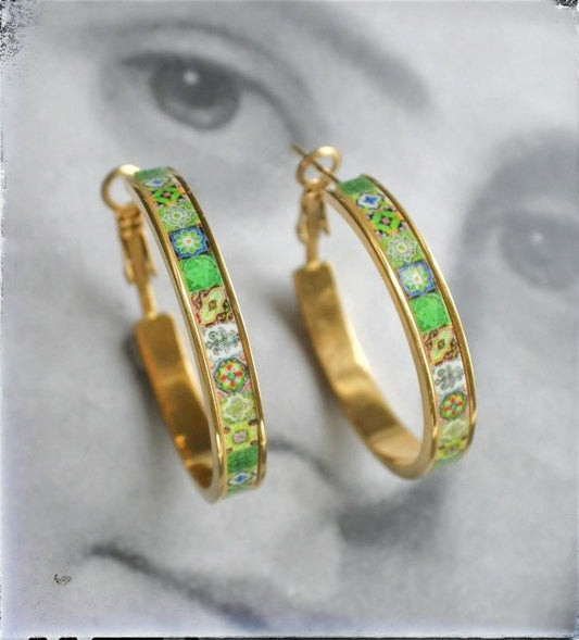 Atrio Hoop Earrings Green Tile Portugal Gold or Silver Toned Stainless Steel Antique Azulejo -  1.25"   Ships from USA Small Hoops