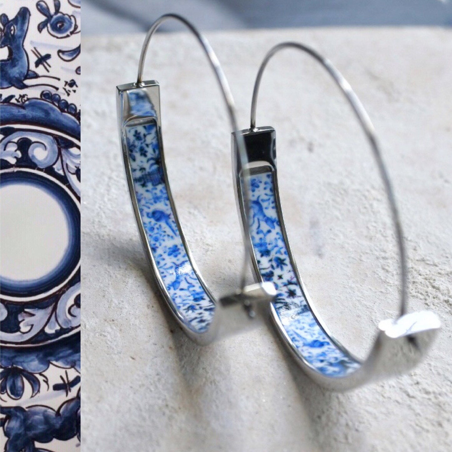 Atrio Hoop Earrings Coimbra Portugal 17th BLUE Century Pottery Ceramic DeeR  1.5” Ceramicas   Stainless Steel Hypoallergenic Ships from USA