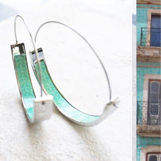 Hoop Earrings Atrio Portugal Tile Turquoise Azulejo Caldas da Rainha  Persian Tiles Gift Boxed SOLID Stainless Steel  Hypo Allergenic 1.5”