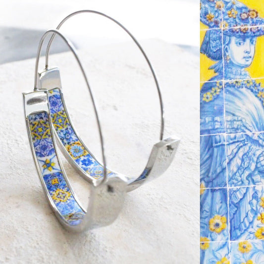 Earrings ATRIO Hoops Tile Portugal Stainless Steel Antique Azulejo -  1 1/2"  Blue Gold 16 - 17th Century Tiles USA Shipping