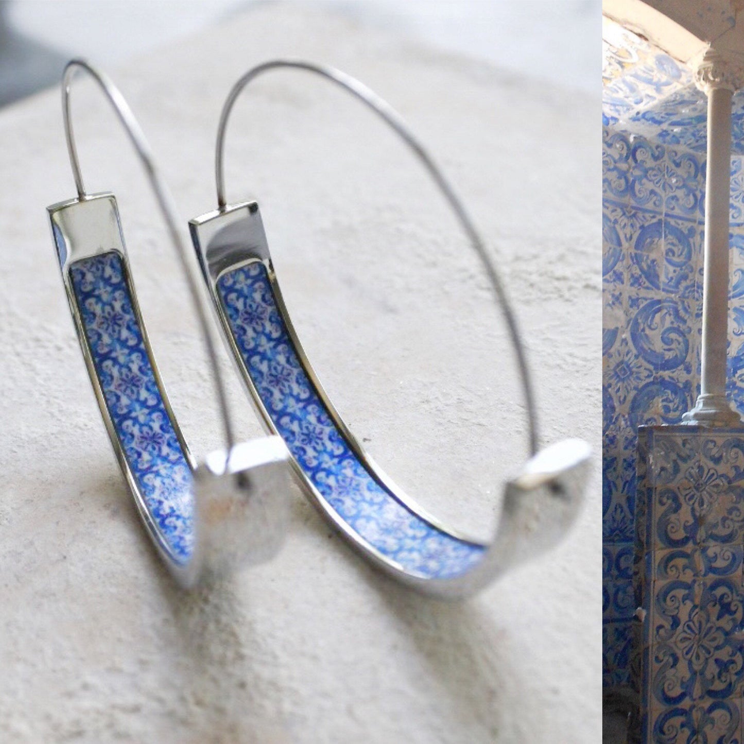 Earrings ATRIO Hoops Tile Portugal Stainless Steel Antique Azulejo - 1.50" Blue Hypoallergenic AvEIRO Santa Joana Convent 1458  Pinterest