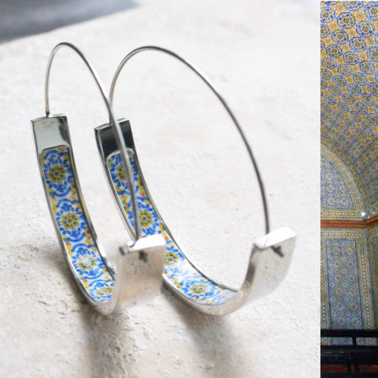 Atrio Hoop Earrings Portugal Tile Ericeira Antique 17th century Azulejo Blue Gold SOLID Stainless Steel Hypo Allergenic USA Shipping 1.5"