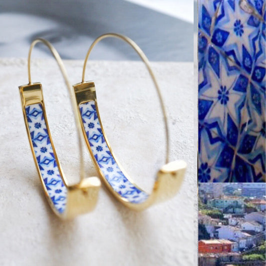 Earrings Hoops Atrio Tile Blue Portugal Azulejo  Porto Lightweight Stainless Steel Ships from USA 1.50" Flat Bottom Pinterest Hypoallergenic