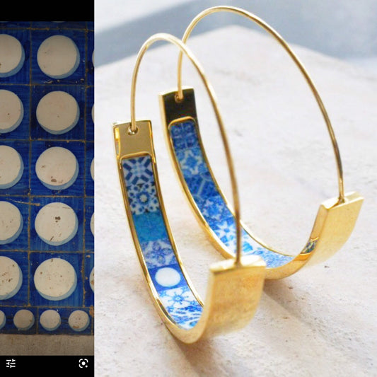 Hoops Flat Bottom Atrio Earrings Tile Portugal Stainless Steel Azulejo 1.50"  Blue Tiles USA Shipping