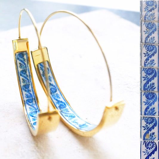 Hoops Earrings Tile Portugal Atrio Stainless Steel Flat Bottom Antique Azulejo   1.50"  BRAgA Blue Border! Hypo Allergenic