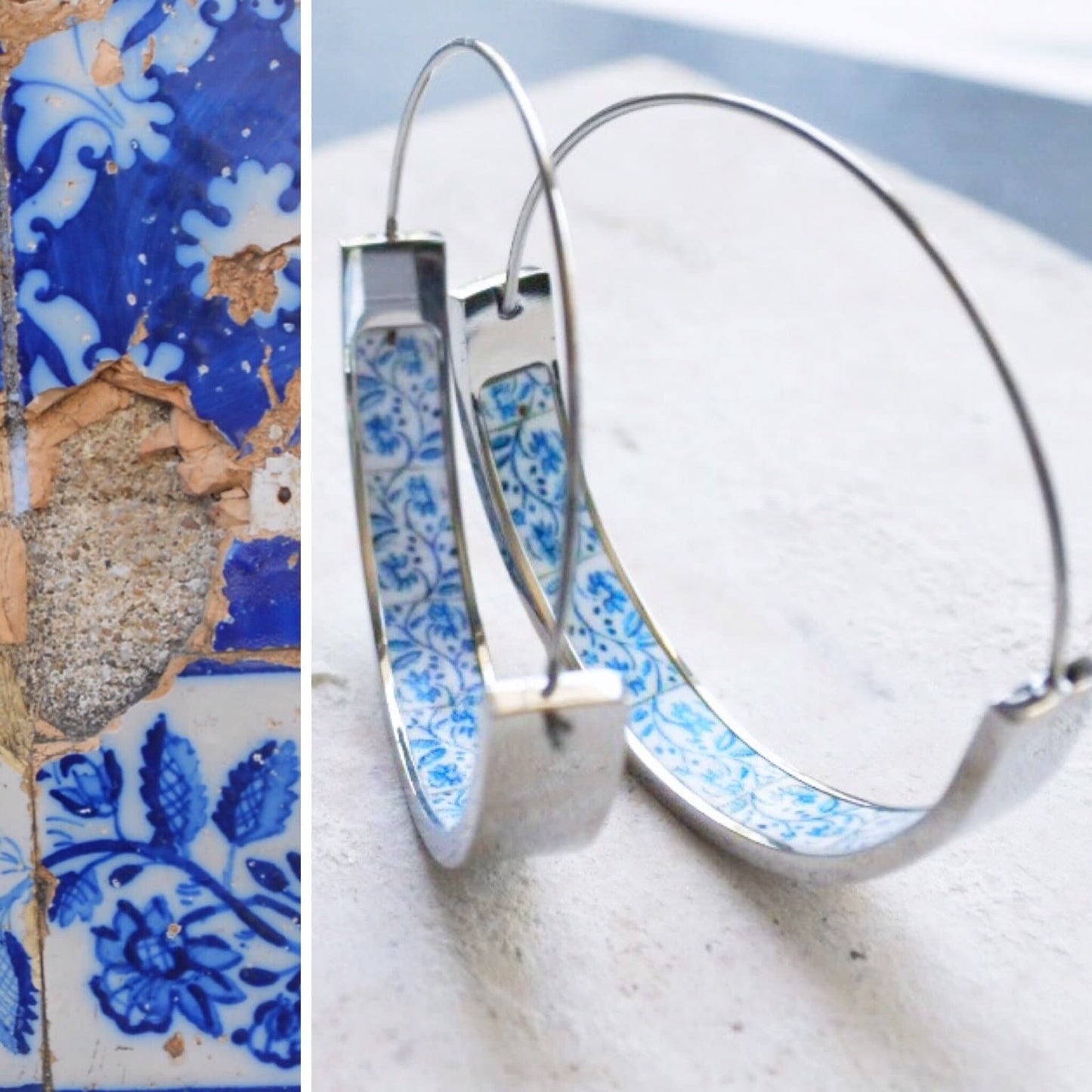 Hoop Earrings Portugal Tile Atrio STAINLESS STEEL Azulejo Barcelos  Blue Hypo Allergenic Silver Tone Ships  from USA 1.50"