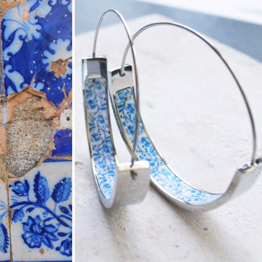 Hoop Earrings Portugal Tile Atrio STAINLESS STEEL Azulejo Barcelos  Blue Hypo Allergenic Silver Tone Ships  from USA 1.50"