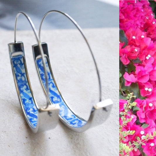 Hoops Tile Earrings ATRIO Flat Bottom Portugal Stainless Steel Antique Azulejo 1.5" The Palace of the Marquesses of Fronteira USA Shipping