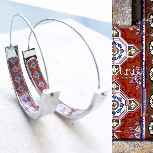 Hoops Atrio Earrings Tile Portugal Stainless Steel Flat Bottom Antique Azulejo - RED Tiles USA Shipping 1.50"