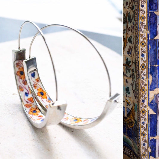 Hoops Earrings ATRIO Tile Portugal Flat Bottom Stainless Steel  Azulejo -  1.50"  The Palace of the Marquesses of Fronteira  USA Shipping