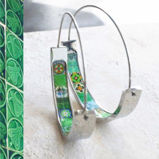 Earrings ATRIO Hoops Tile Portugal Stainless Steel Antique Azulejo -  1.50"  Green Tiles USA Shipping