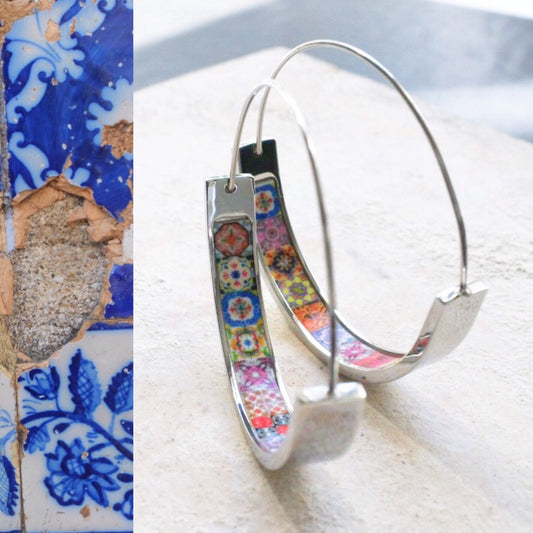Hoops Earrings ATRIO Tile Flat Bottom Portugal Stainless Steel Antique Azulejo -  1.50"  Red and Pink Tiles USA Shipping