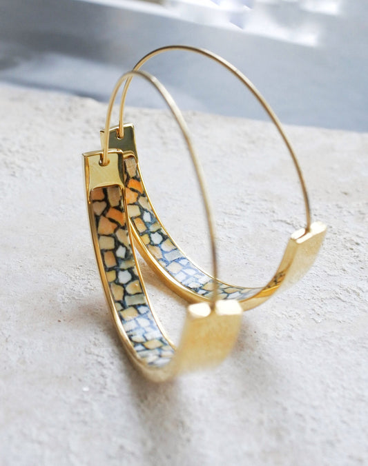 HOOPS Earrings Atrio Tile Portugal Cobblestone Calçada Portuguesa Stainless Steel  Azulejo  1.5" Delicate  Ships from USA
