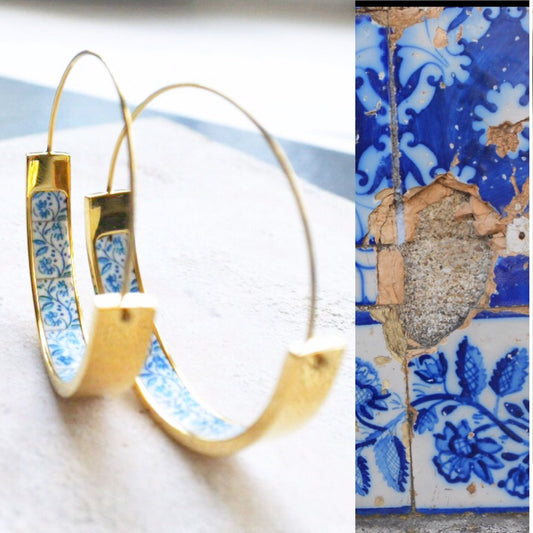 Hoop Earrings Portugal Tile Atrio Stainless Steel Azulejo Barcelos  Blue Border Hypo Allergenic Gold Tone Ships  from USA 1.50"