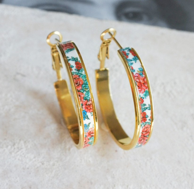 Atrio Earrings HOOPS Portugal Viana Gold or SIlver Stainless Steel  Folk Pavlovsky Posad Pavlovo Orenburg Downy Pashmina 1.25"