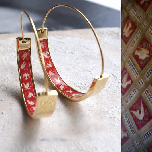 Hoops Atrio Earrings Doves Portugal Antique Chapel Frescoes 1.50" Palace of Sintra Olive Branch PEACE Holy Spirit - Ships from USA RED