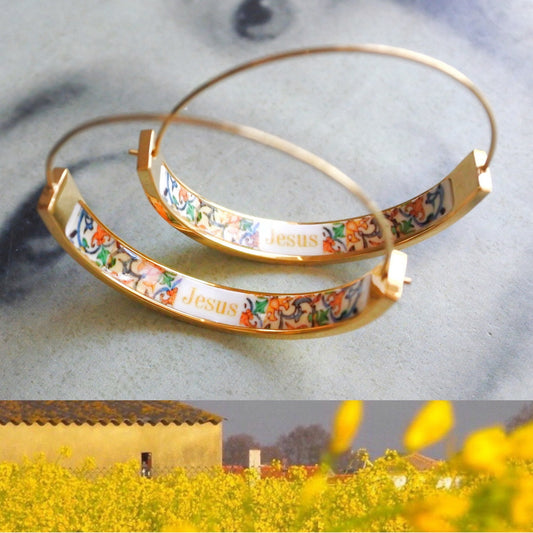 HOOP Earrings JESUS Atrio Portugal Tile Antique Azulejo Christian Art CoIMBRA 1590  Stainless Steel 1.50" Gift Box Included - Ships from USA