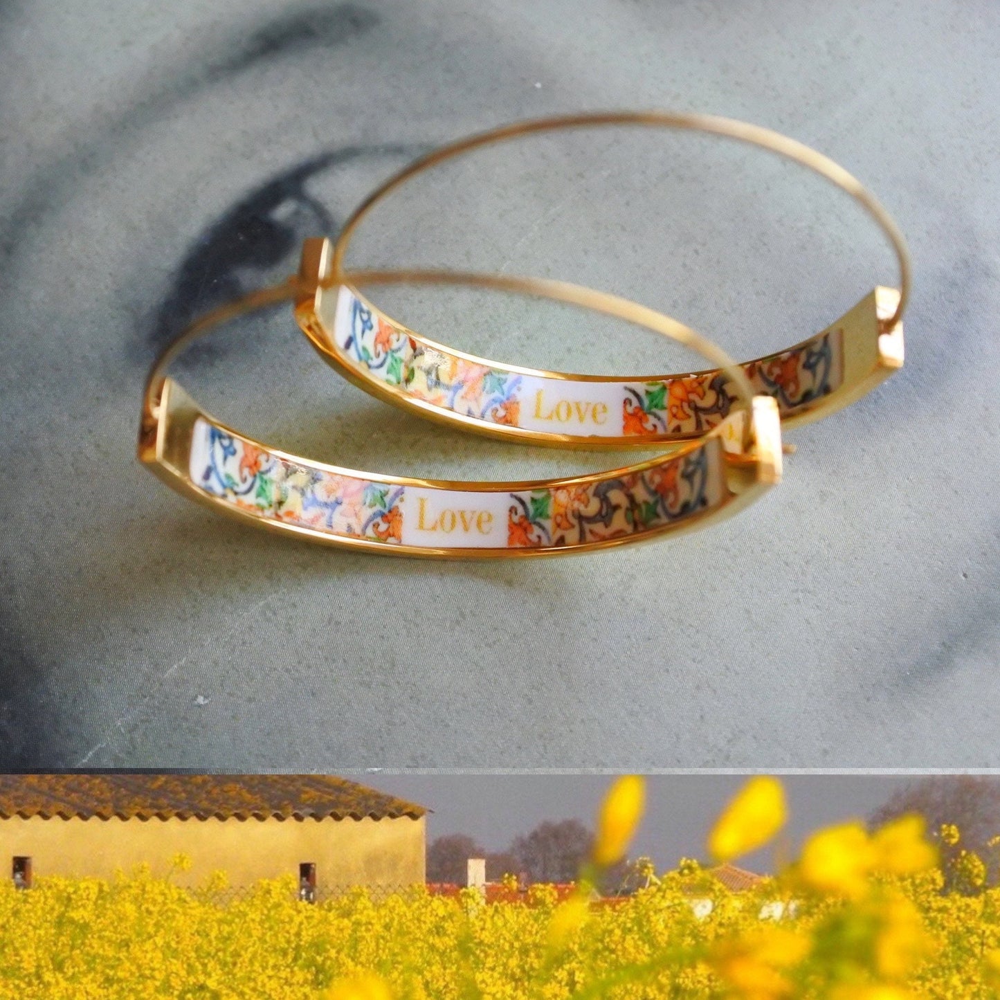 HOOP Earrings LOVE Art Atrio Portugal Tile Antique Azulejo CoIMBRA 1590  Stainless Steel 1.50" Gift Box Included - Ships from USA