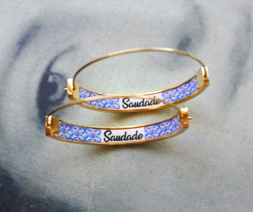 Saudade Hoops Earrings Atrio Tile Portugal Stainless Steel Flat bottom  Azulejo  1.50"  Blue Santa Joana 16th Century Tiles