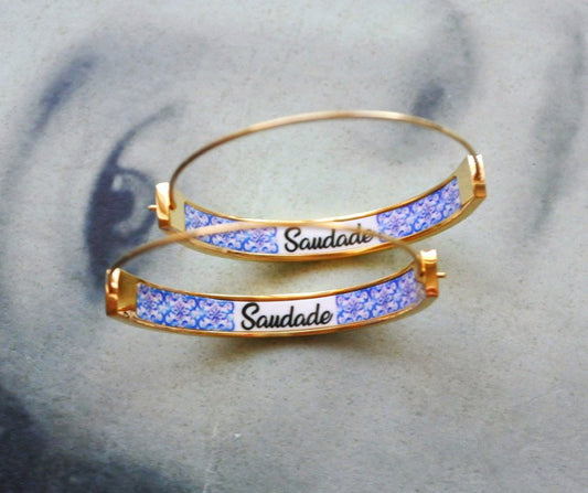 Saudade Hoops Earrings Atrio Tile Portugal Stainless Steel Flat bottom  Azulejo  1.50"  Blue Santa Joana 16th Century Tiles