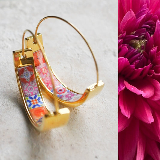 Hoops Earrings Atrio Tile Flat Bottom Portugal Stainless Steel Antique Azulejo -  1"  RED Tiles USA Shipping Girls Women Small