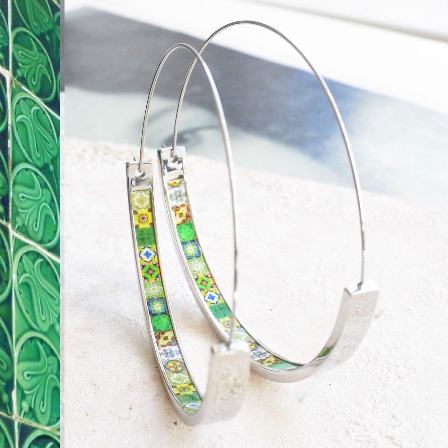 Hoops Atrio Earrings Green Tile Portugal Azulejo STAINLESS STEEL Wire Flat Bottom Lightweight 2" Silver Tone Ships from USA