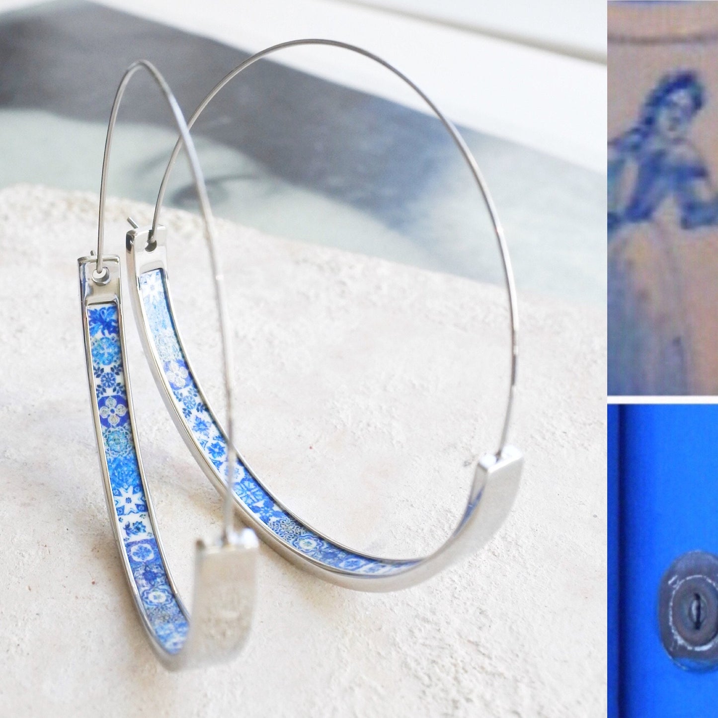 Hoops Atrio Earrings Tile STAINLESS STEEL Portugal Antique Azulejo Wire Flat Bottom  Blue Tiles - Lightweight - 2"  Ships from USA