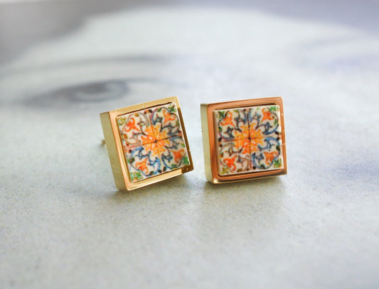 Stud Earrings Portugal Tile Antique Azulejo  COIMBRA 1590, Se de Coimbra SOLID Stainless Steel Gift Boxed Ships from USA  473 Gold Tone