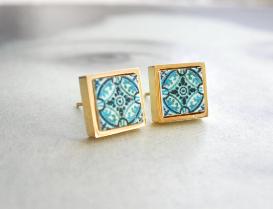 Atrio Tile Earring Portuguese Tile Stud Earring Portugal Tile Earring Green Post Earring Azulejo Portugal Jewelry Tile Earring Gift Small