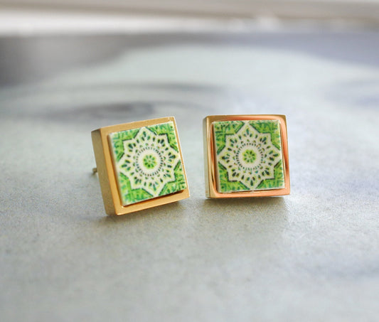 Stud Earrings Portugal Green Tile Post Atrio  Ilhavo, SOLID Stainless Steel Hypo Allergenic Ships from USA GOLD Tone 490