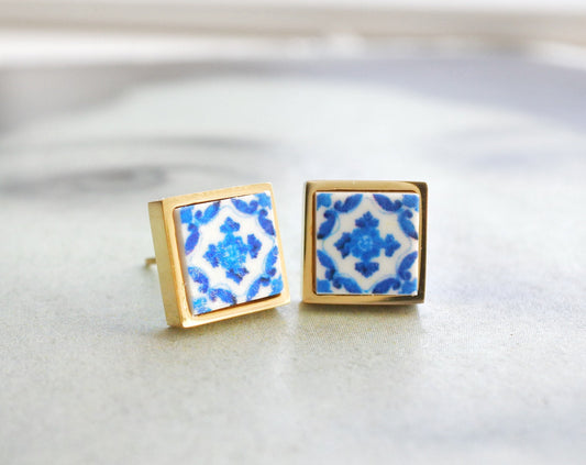 Stud Post Earrings Portugal Atrio Small Blue Tile Antique Azulejo  Ovar Solid Stainless Steel - Gift Boxed Ships from USA Gold Tone