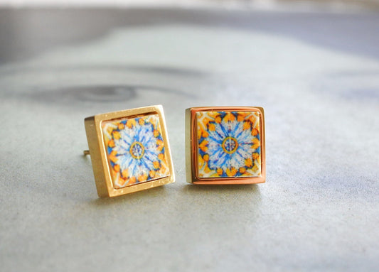 Stud Earrings Portugal Tile Atrio SOLID STAINLESS Steel 17th Century Gold Blue Azulejo - Tomar Convent of Christ built in 1160 Gold Tone 641