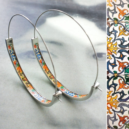 HOOP Earrings ATRIO Portugal Tile Antique Azulejo Delicate CoIMBRA 1590 - Silver Stainless Steel 2" Gift Box Included - Ships from USA