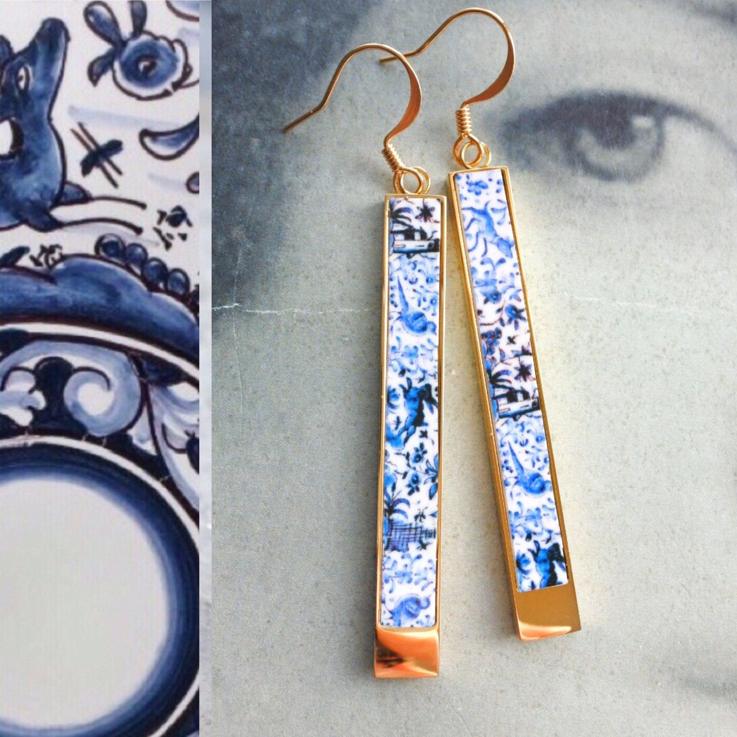 Atrio CoIMBRA Earrings Portugal 17th Century  Pottery  Matchstick Castle BAR  Reversible Ceramicas de Coimbra Stainless Steel  Willow deer