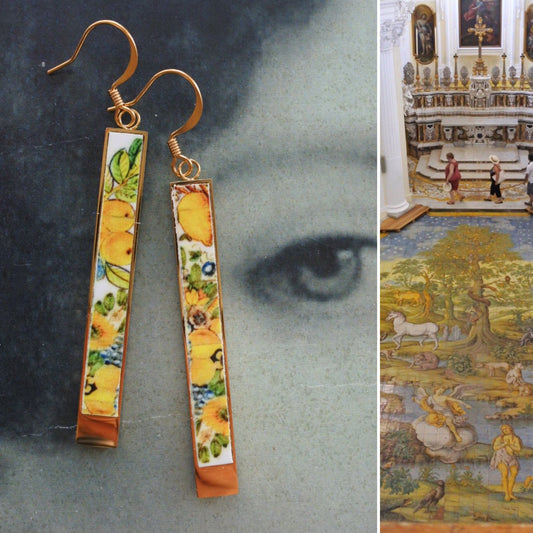 Atrio Earrings Capri Italy  Bar Italian  LEMONS Church of St. Michael Anacapri 1761 Maoilica Majolica Matchstick Reversible 2 Options