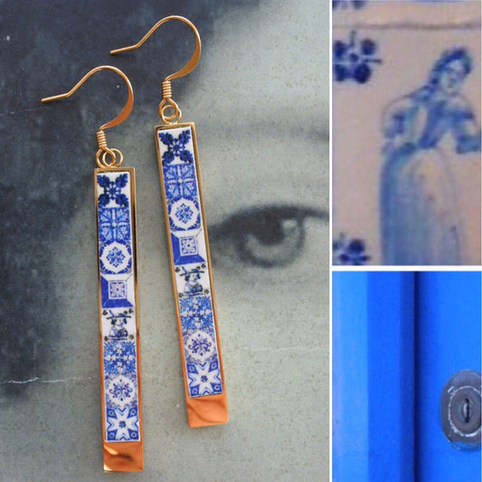 Bar Earrings Portugal Tile Atrio Matchstick Blue Azulejos   Blue Tiles Stainless Steel Reversible USA Shipping Minimal 2 Options