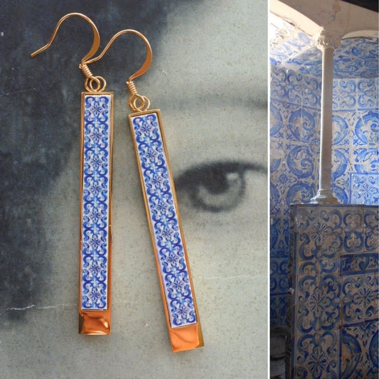 Bar Earrings ATRIO Matchstick Tile Portugal Stainless Steel Antique Azulejo - 2.50" Blue AvEIRO Santa Joana Convent 1458 2 Options