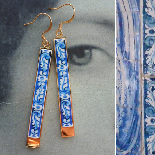 Bar Earrings Atrio Matchstick Tile Blue Portugal  STAINLESS STEEL Azulejo University of Evora Reversible Ships from USA 2 Options