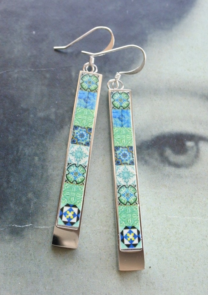 Earrings Atrio Matchstick Bar Portugal Tile Turquoise Azulejo Caldas da Rainha  Persian Tiles Gift Boxed  Hypo Allergenic minimal 2 Options