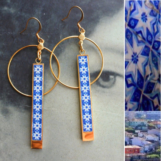 Earrings Tile CIRCLE BAR Atrio Portugal Blue Azulejo Antique Porto Lightweight Stainless Steel Ships from USA 2 Options