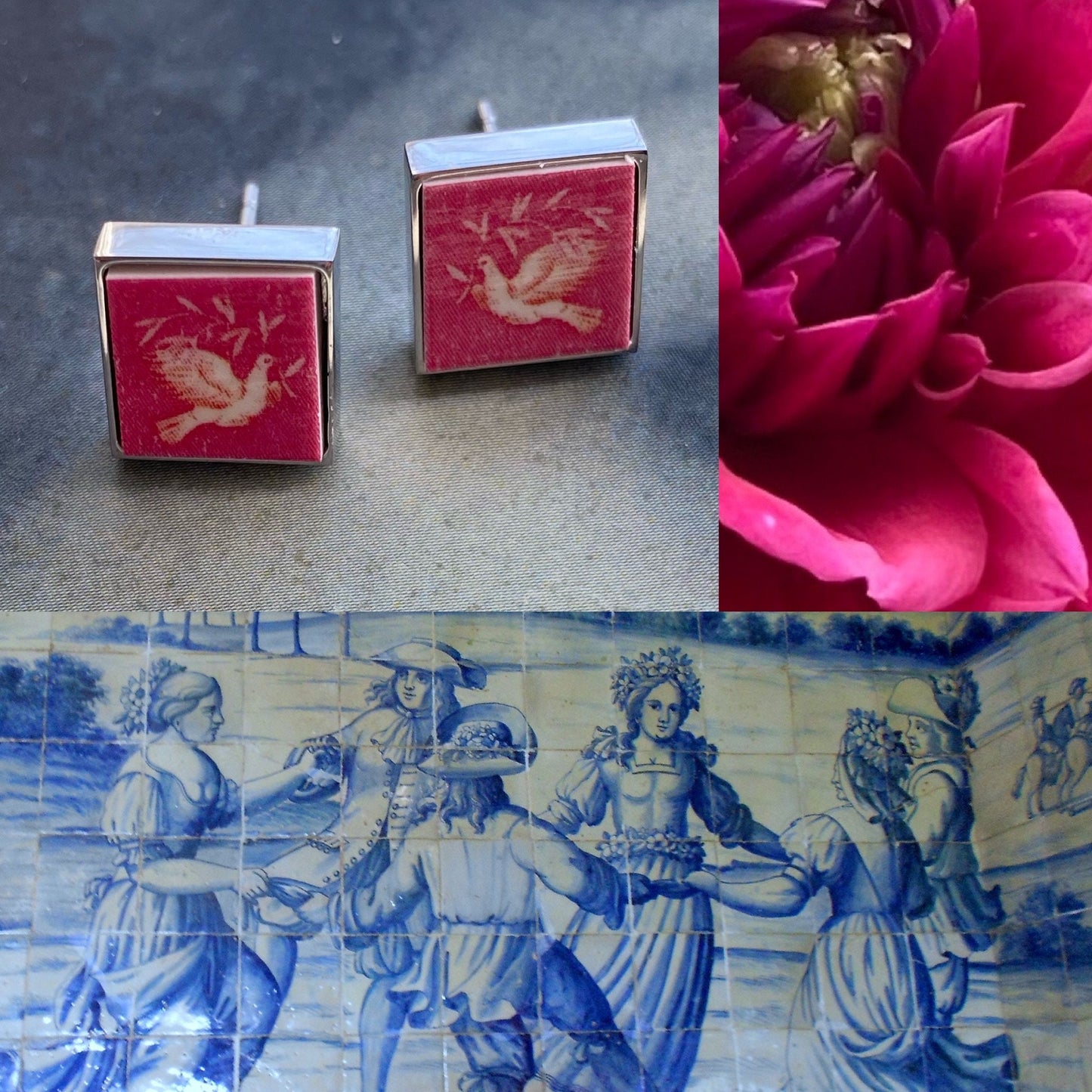 Post Stud Earrings by Atrio Doves Chapel Frescoes PINK  SOLID Stainless Steel- National Palace of Sintra - Doves- Gift Box 489 Small