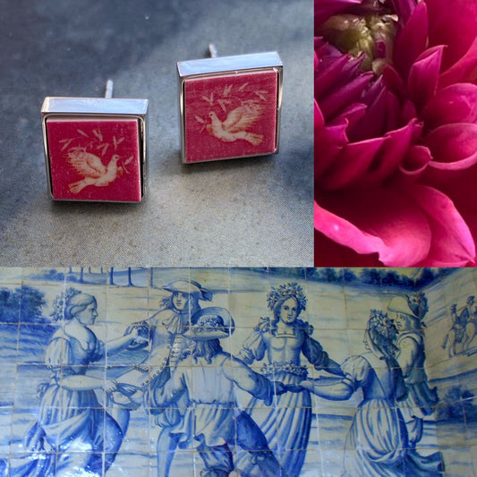 Post Stud Earrings by Atrio Doves Chapel Frescoes PINK  SOLID Stainless Steel- National Palace of Sintra - Doves- Gift Box 489 Small